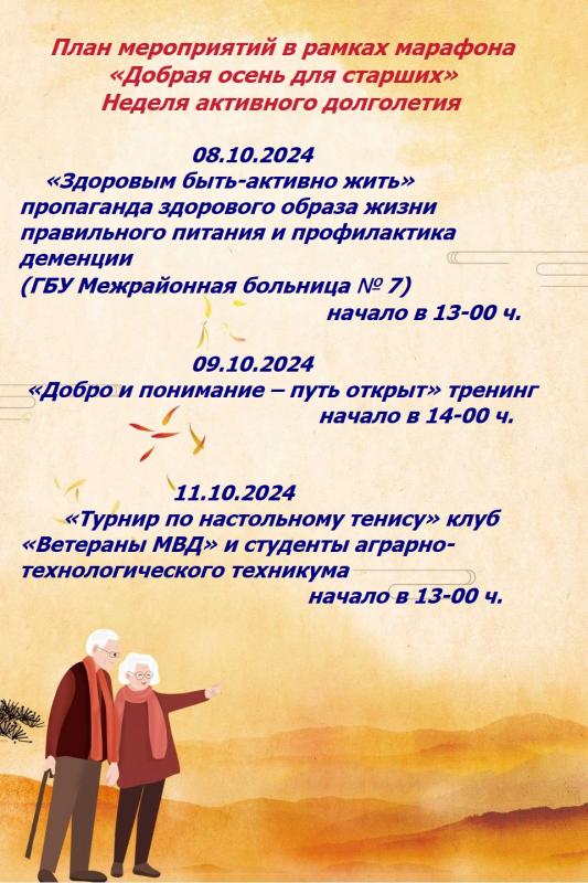 План мероприятий в рамках марафона  «Добрая осень для старших» Неделя активного долголетия План мероприятий в рамках марафона  «Добрая осень для старших» Неделя активного долголетия
